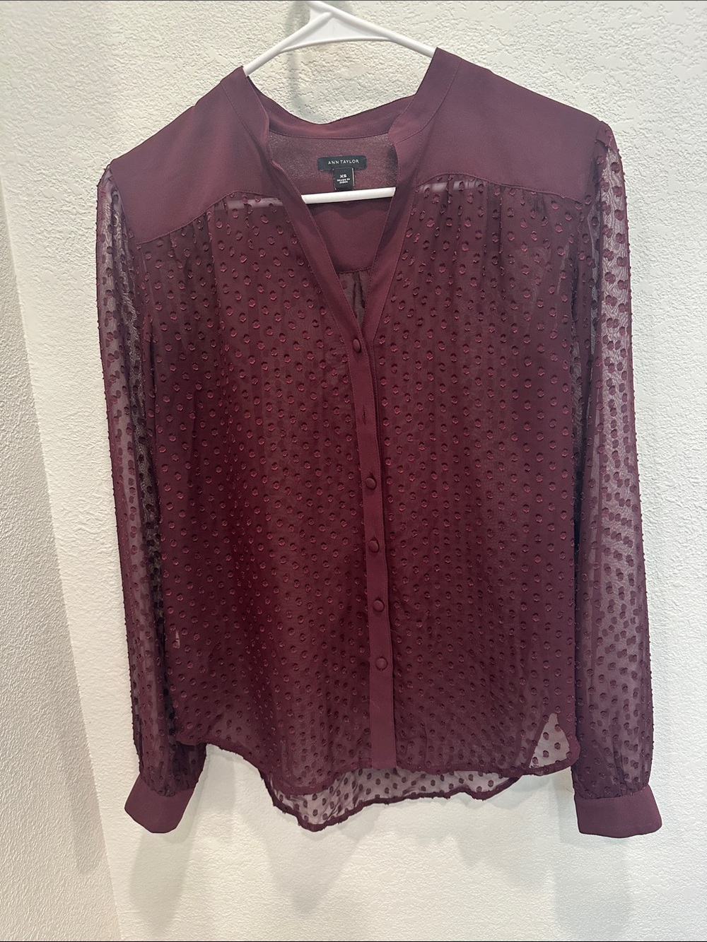 Ann Taylor Deep Plum Swiss Dot Chiffon Blouse